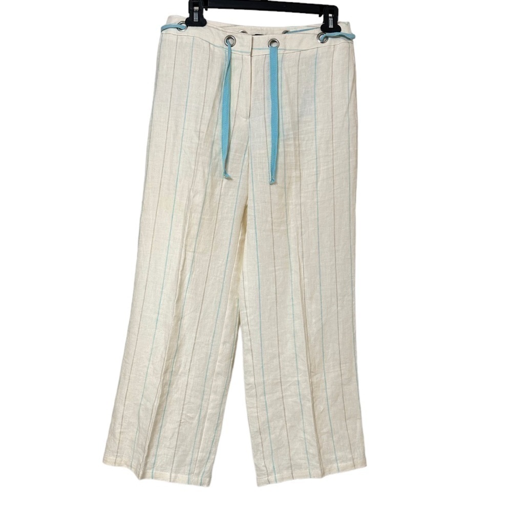 Deane & White Linen Pants Pastel Yellow w/ Stripes Zipper Fly Grommet Tie Waist